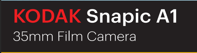Kodak snapic a1 35mm film camera with bold red and white branding on a dark background.