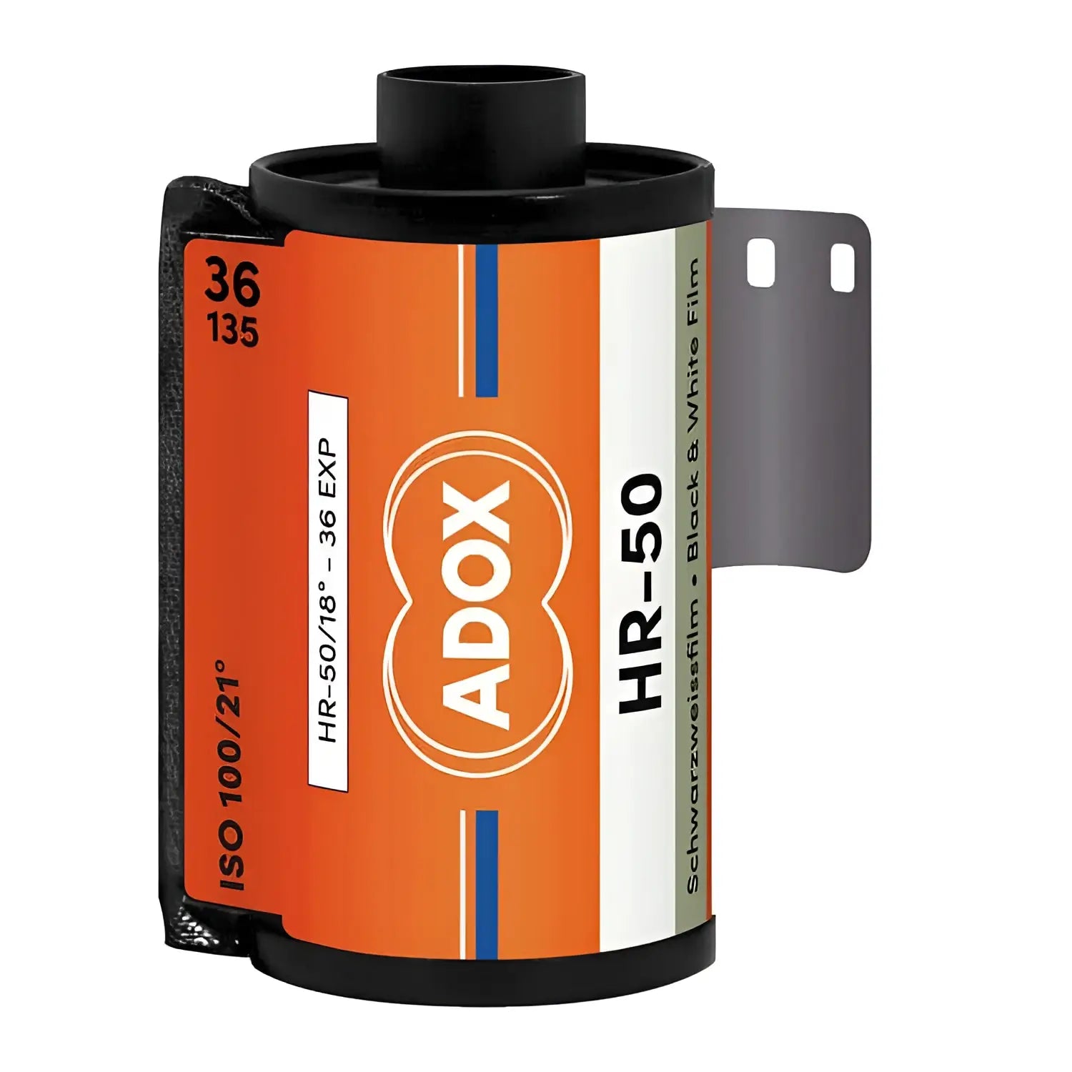 A vibrant orange and white adox hr-50 film canister with black plastic ends, featuring a distinctive blue stripe design.