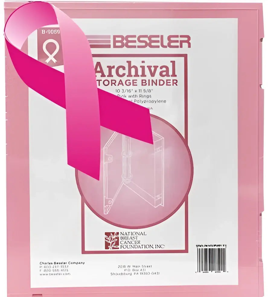 Pink besfile beseler archival binder with clear plastic front and reinforced rings featuring fold-over snap closures