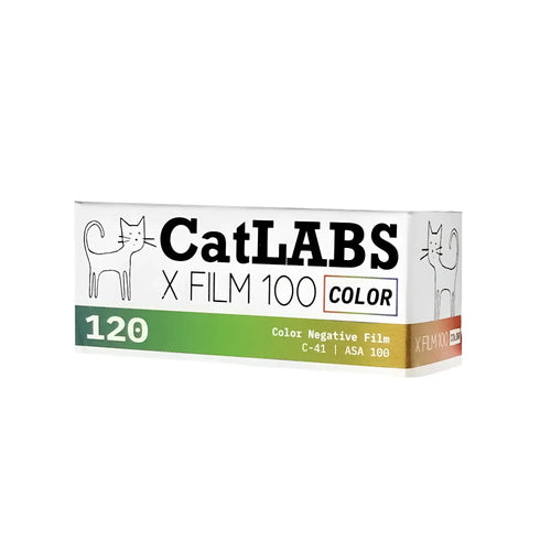 Catlabs x film 100 color, a white cardboard box with green and gold accents featuring black cat illustrations.