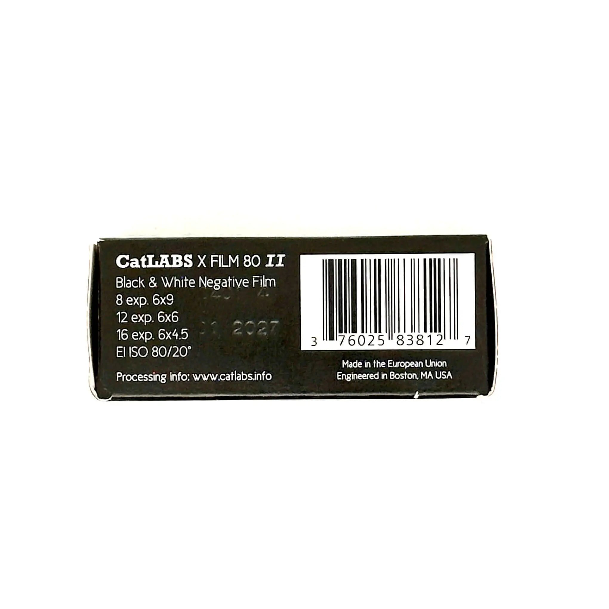 Black rectangular box for catlabs x film 80 ii black & white negative film, featuring a barcode and product specifications printed in white text.