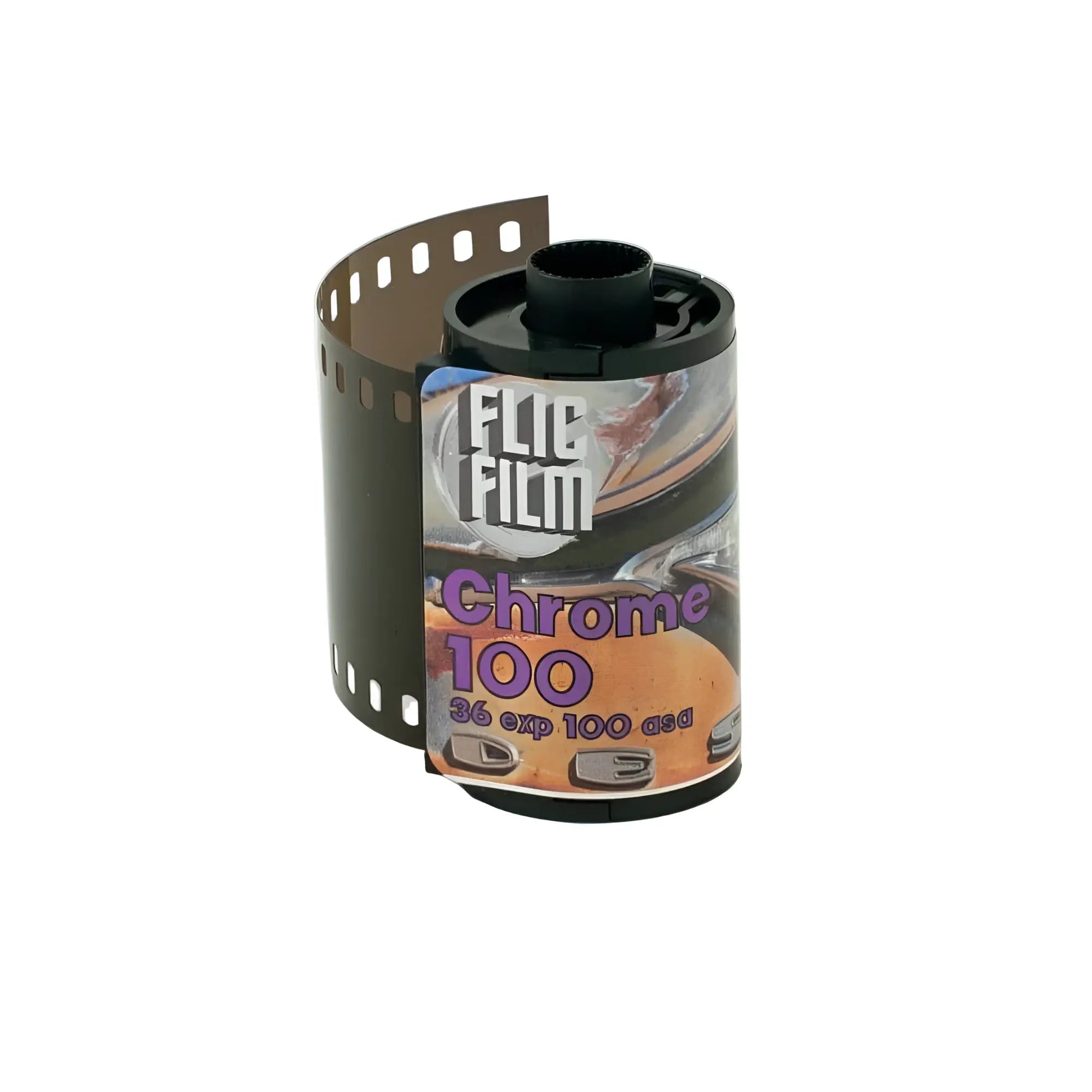 Flic film chrome 100 film roll, black with a colorful label featuring chrome car imagery and text indicating ’36 exp 100 asa’.