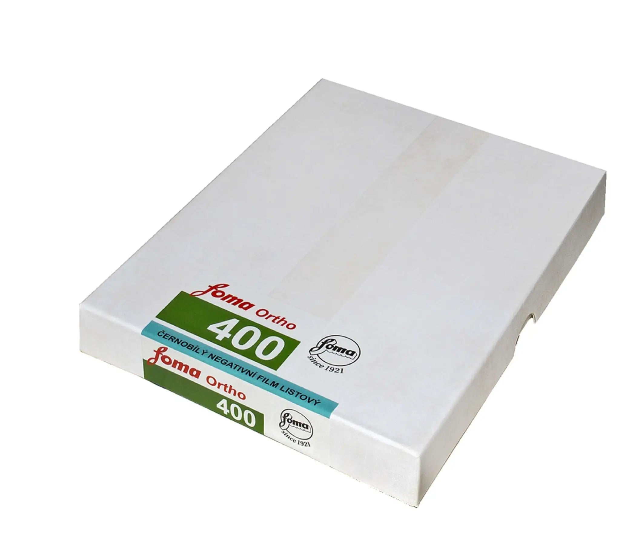 White cardboard box of foma ortho 400 black-and-white photographic film.