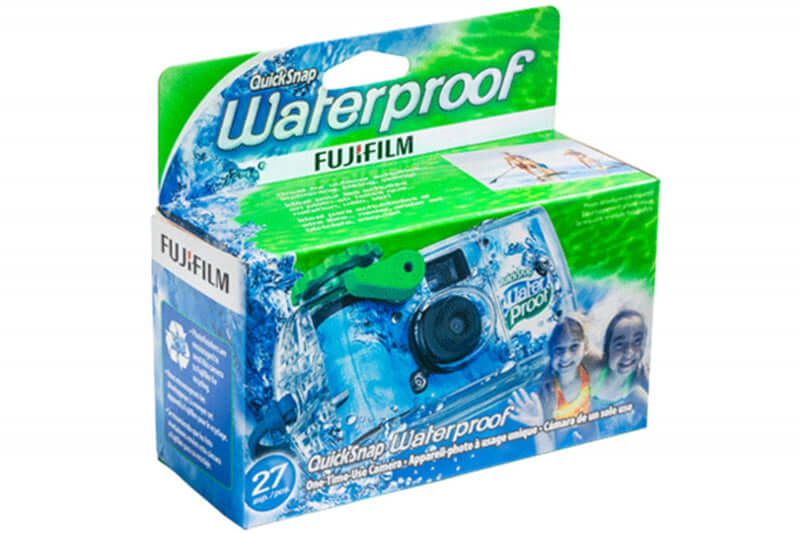 Fuji QuickSnap Waterproof Disposable Camera packaging - 27 exposures, designed for underwater photography and outdoor adventures.