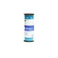 A cylindrical spool of velvia 50 film, featuring a white and blue label with black text indicating ’daylight’ sensitivity.