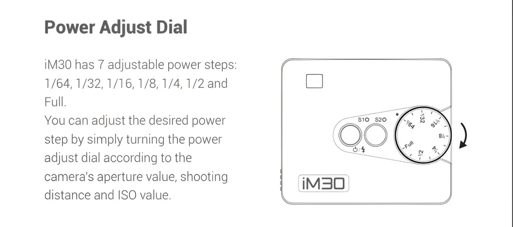 The power adjust dial for the im30 camera features a circular dial with seven adjustable power steps marked from 1/64 to full, set within a sleek white rectangular housing.