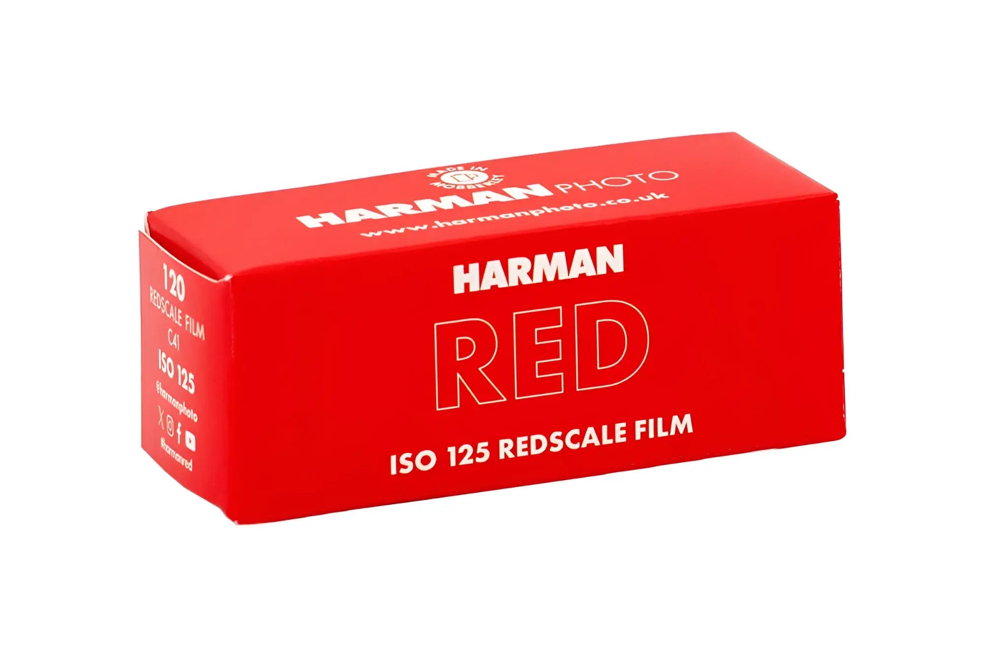 Red rectangular box of harman photo iso 125 redscale film.