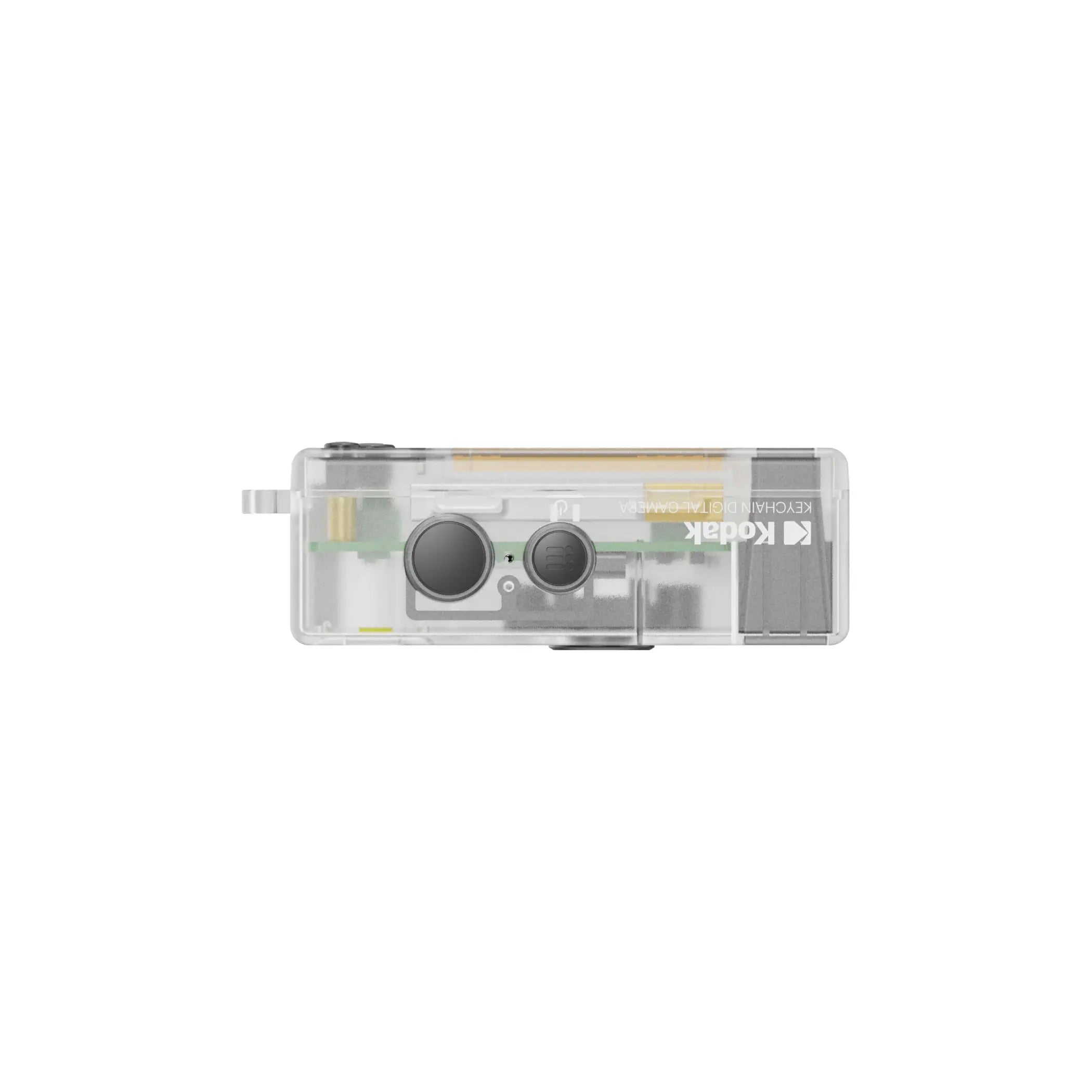 Clear plastic kodak kechai mini light meter with transparent casing revealing internal components and green accents.