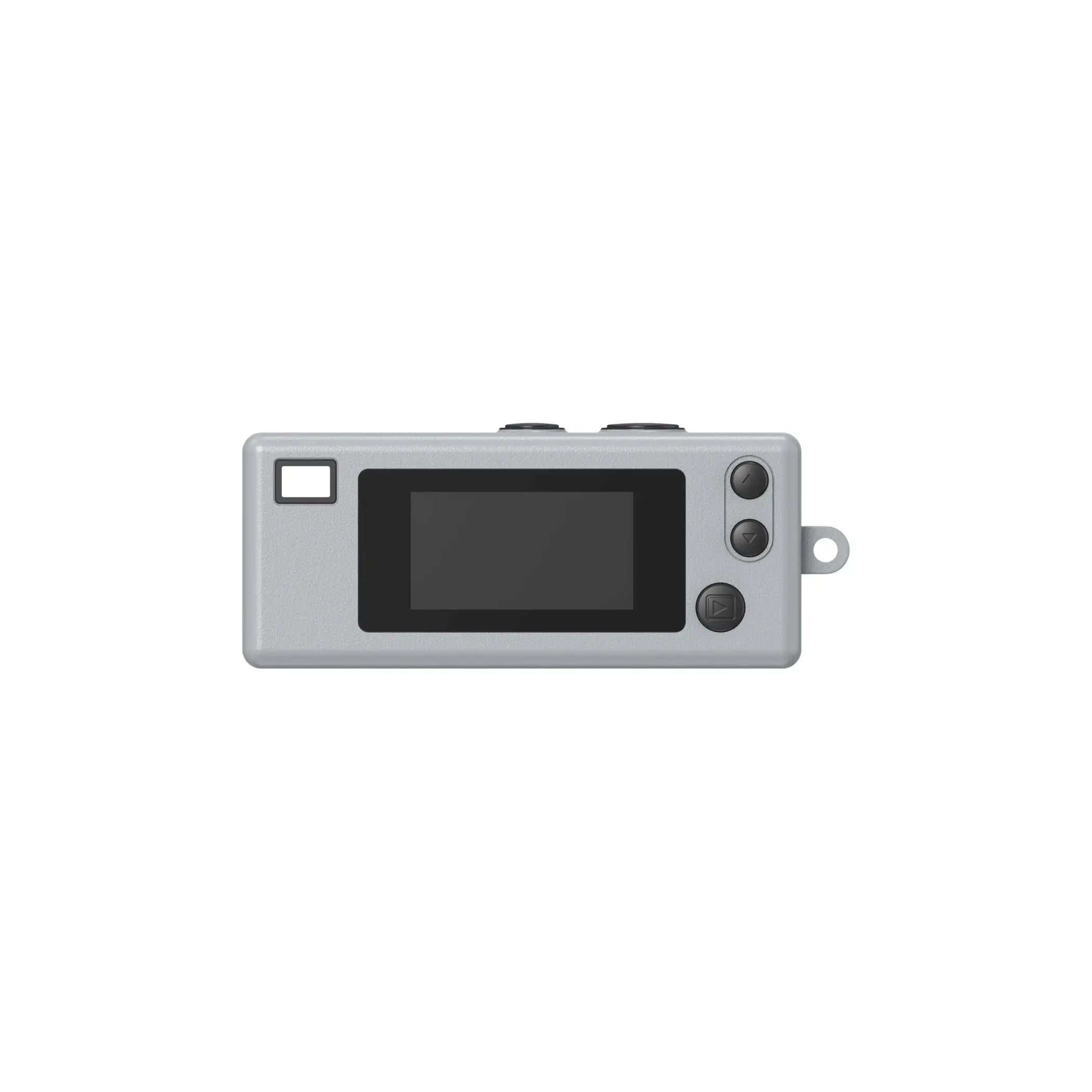 Gray rectangular digital camera with a black screen, three circular buttons on the right side, and a small square window to its left.