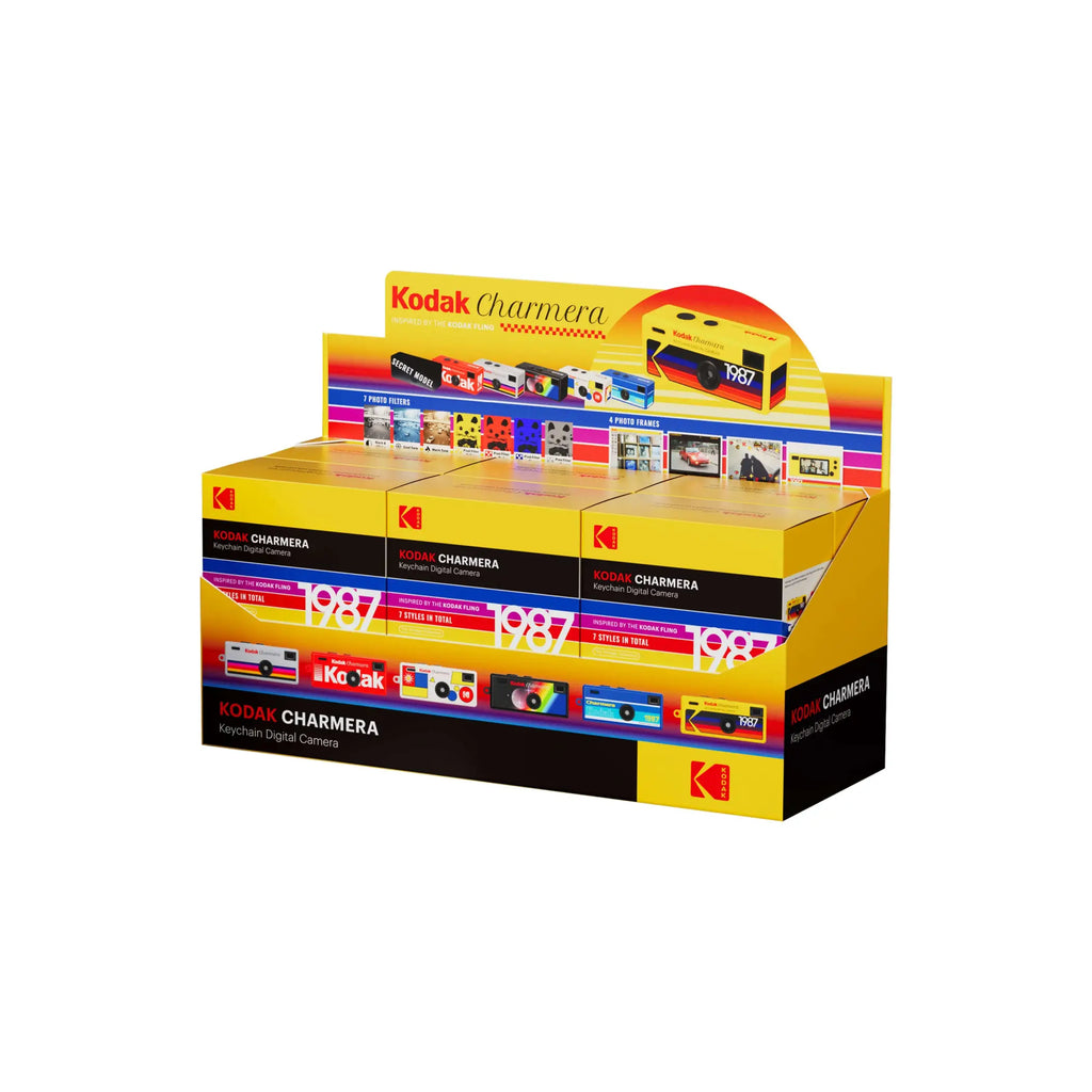 Yellow and black retail display box for kodak charmera keychain digital cameras.