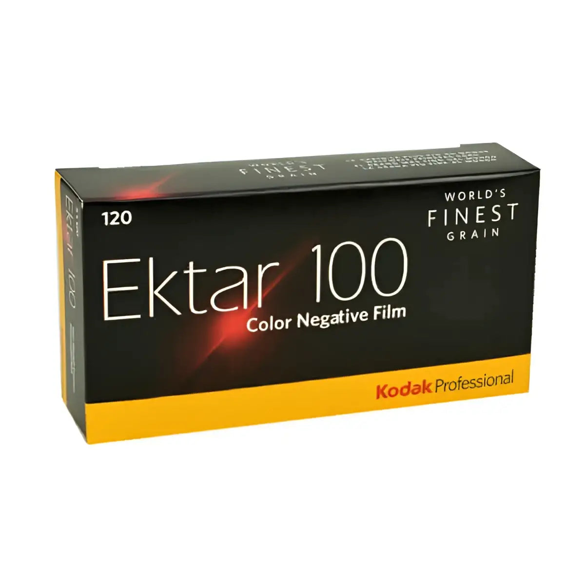 Black and yellow box of kodak professional ektar 100 color negative film.