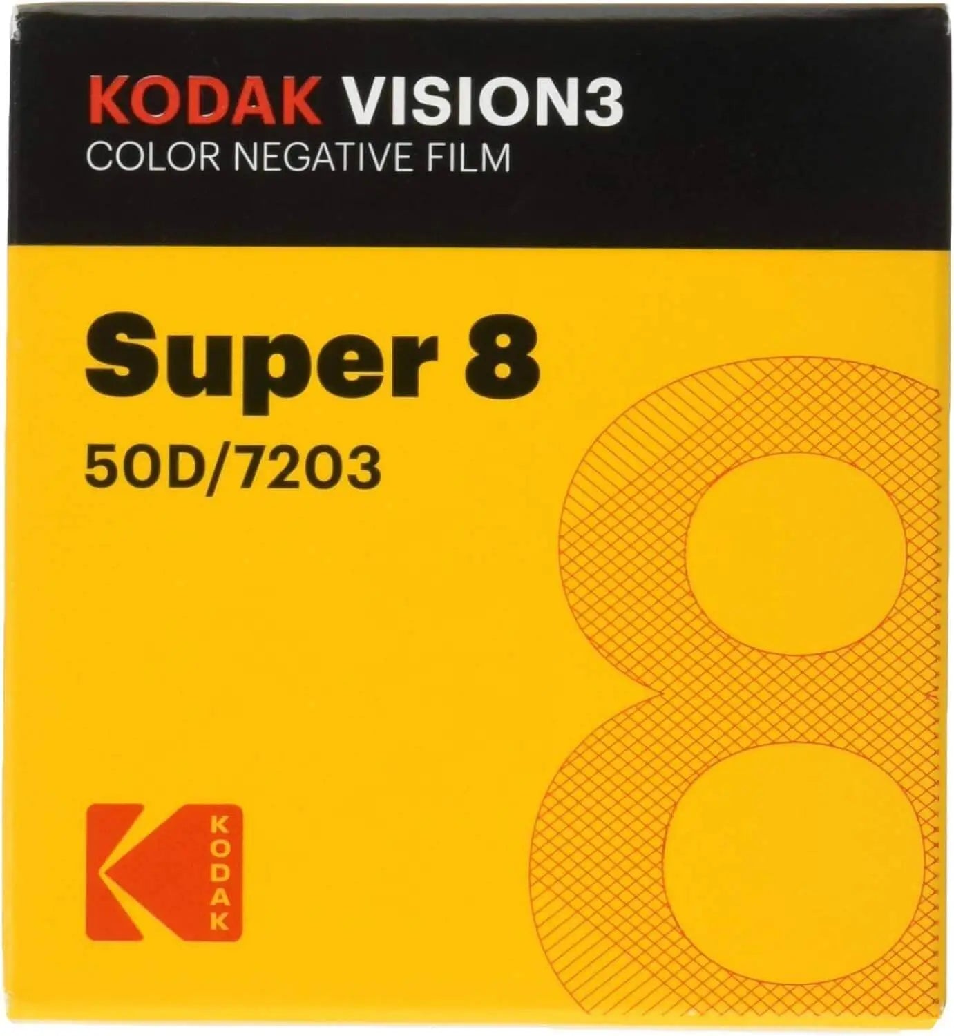 Kodak vision3 super 8 color negative film in a bright yellow box with black and red text.