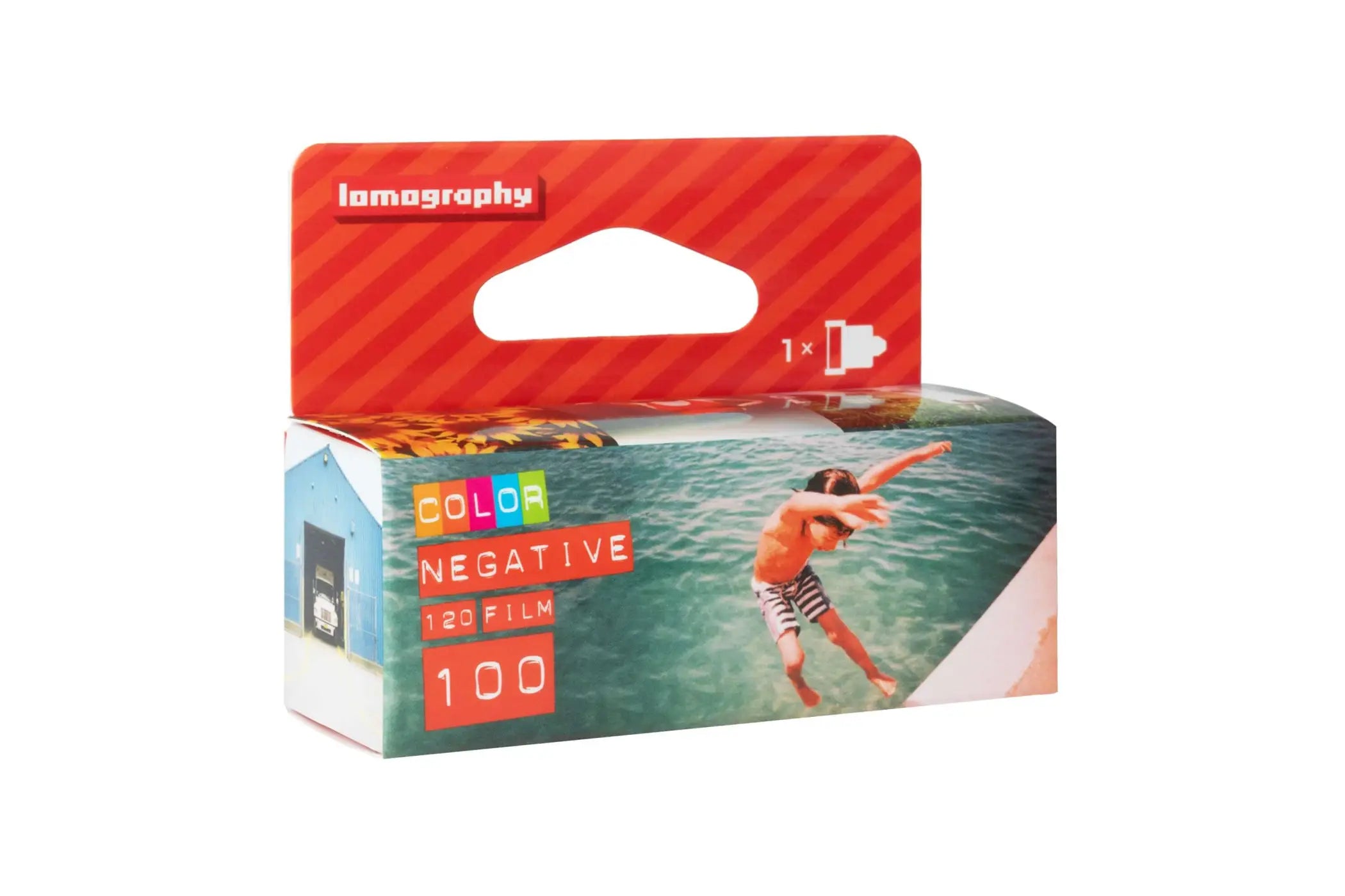 Lomography color negative 120 film, 100 iso, in a vibrant red and white cardboard package with a photographic image of a person swimming.