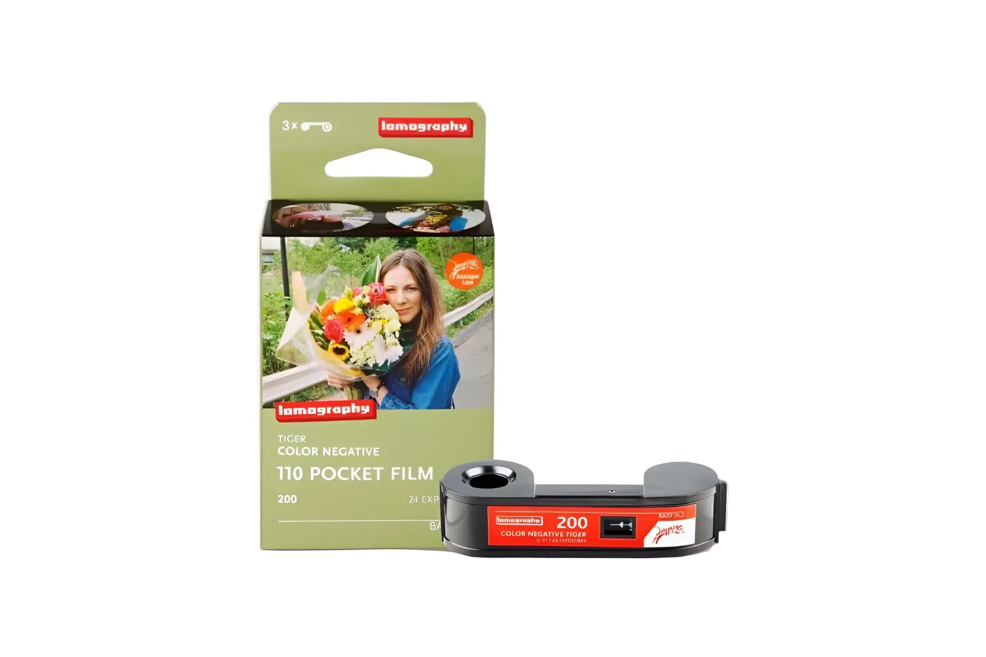 Lomography t10 color negative pocket film, 200 iso, in a sleek black and red cartridge with green packaging.