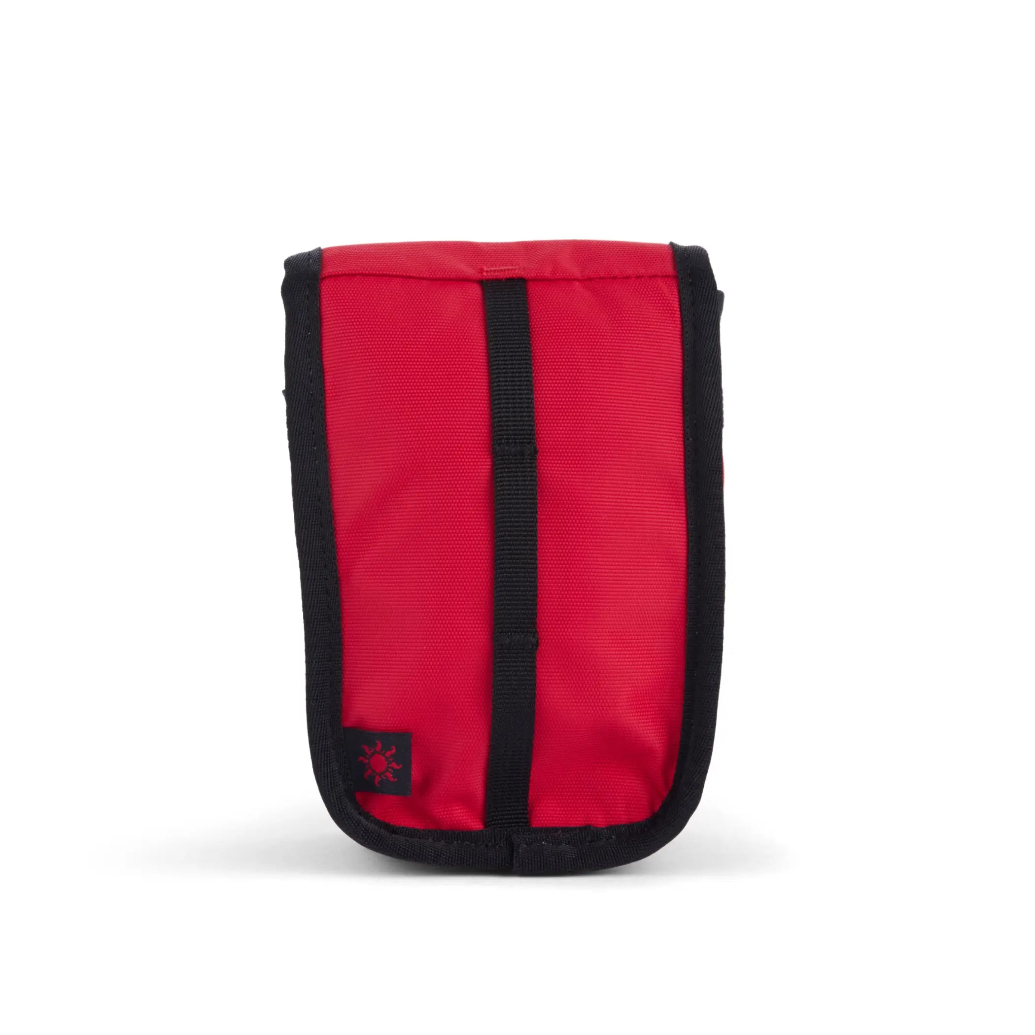 Long weekend camera pouch in chili red with a black vertical strap and logo patch for secure weekend camera storage