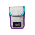 A compact, translucent white grid-patterned phone case with teal and purple trimmings.