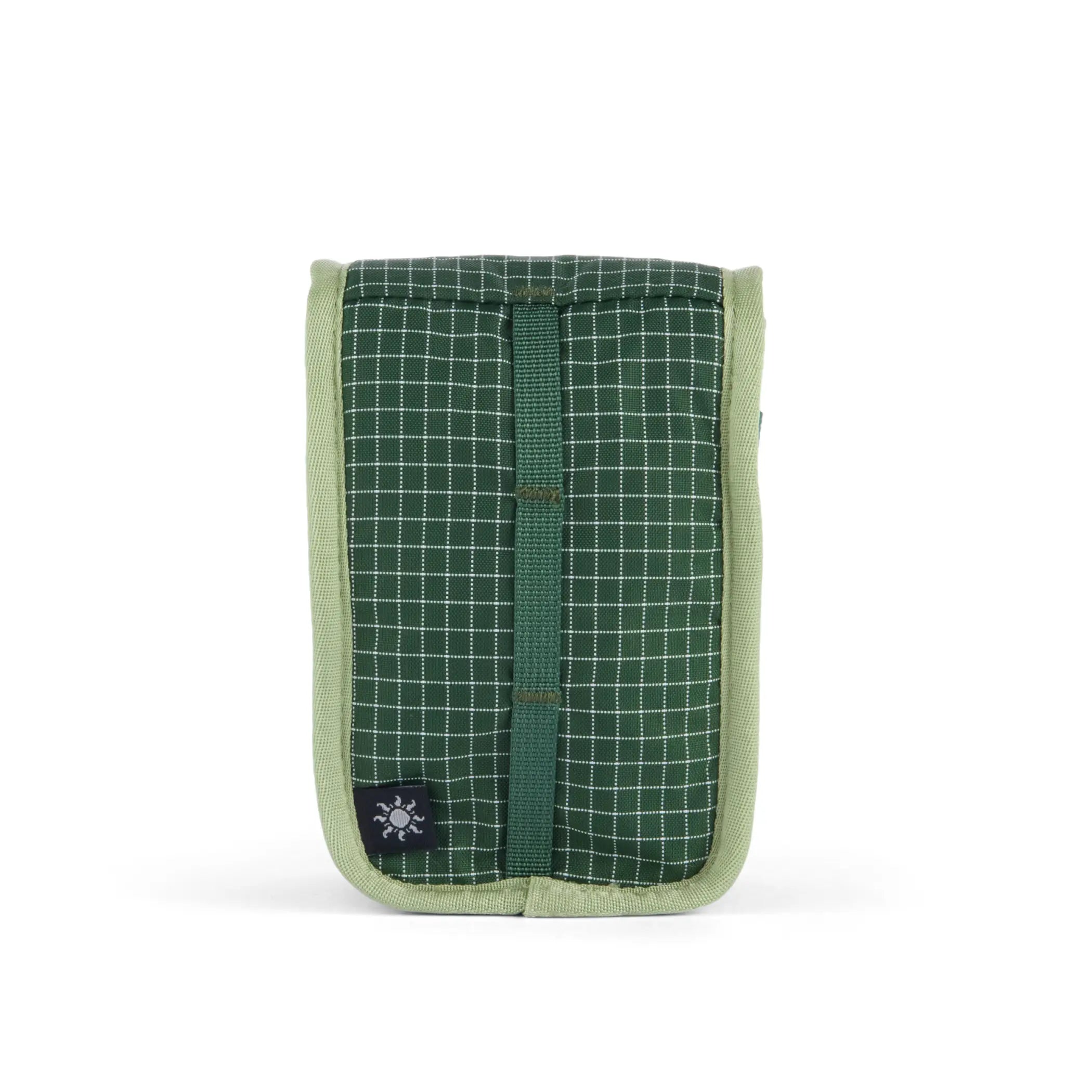 Long weekend camera moss pouch in dark green grid pattern with light olive trim and central vertical strap for easy carry