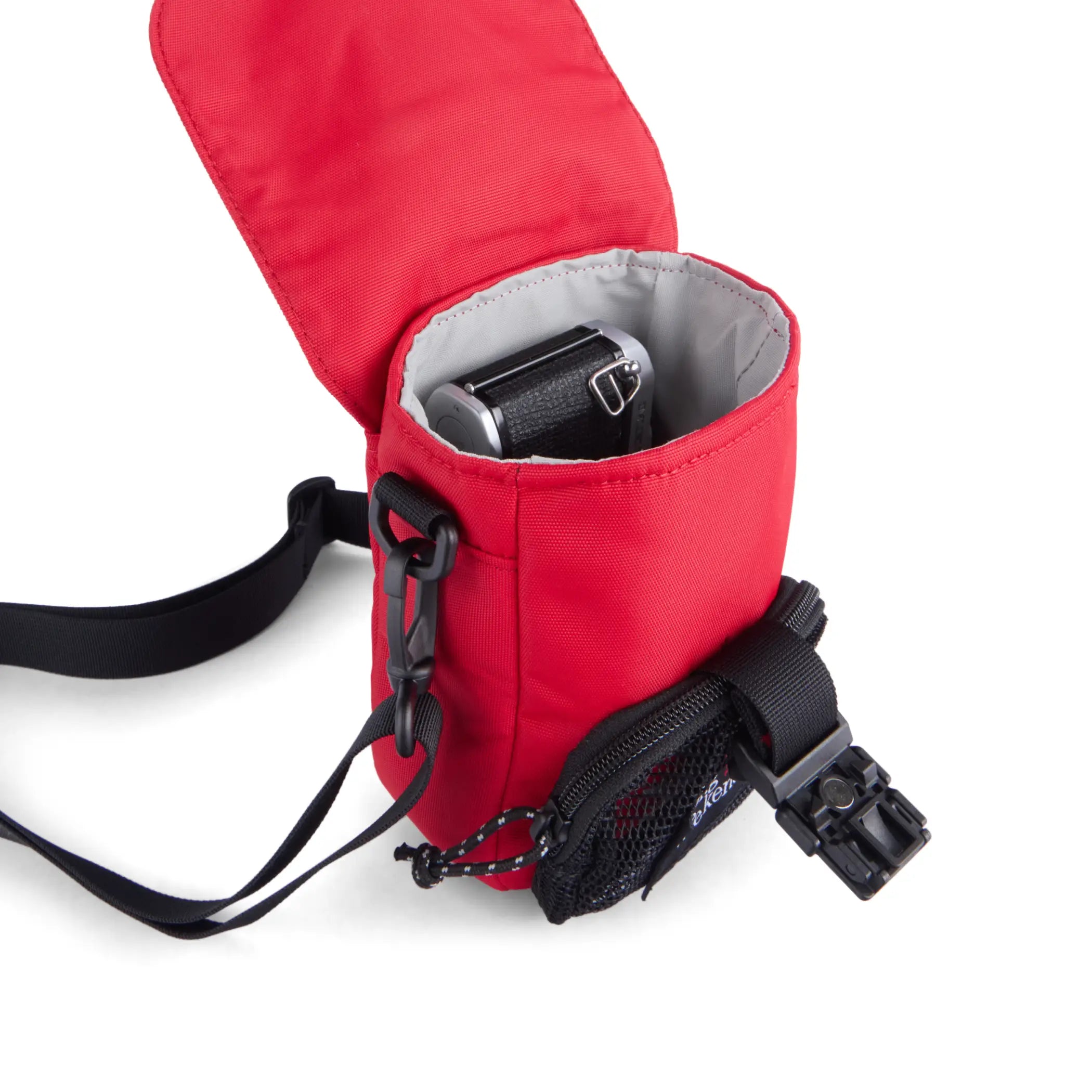 Long weekend red camera pouch with padded main compartment black straps and mesh slide pocket for compact cameras