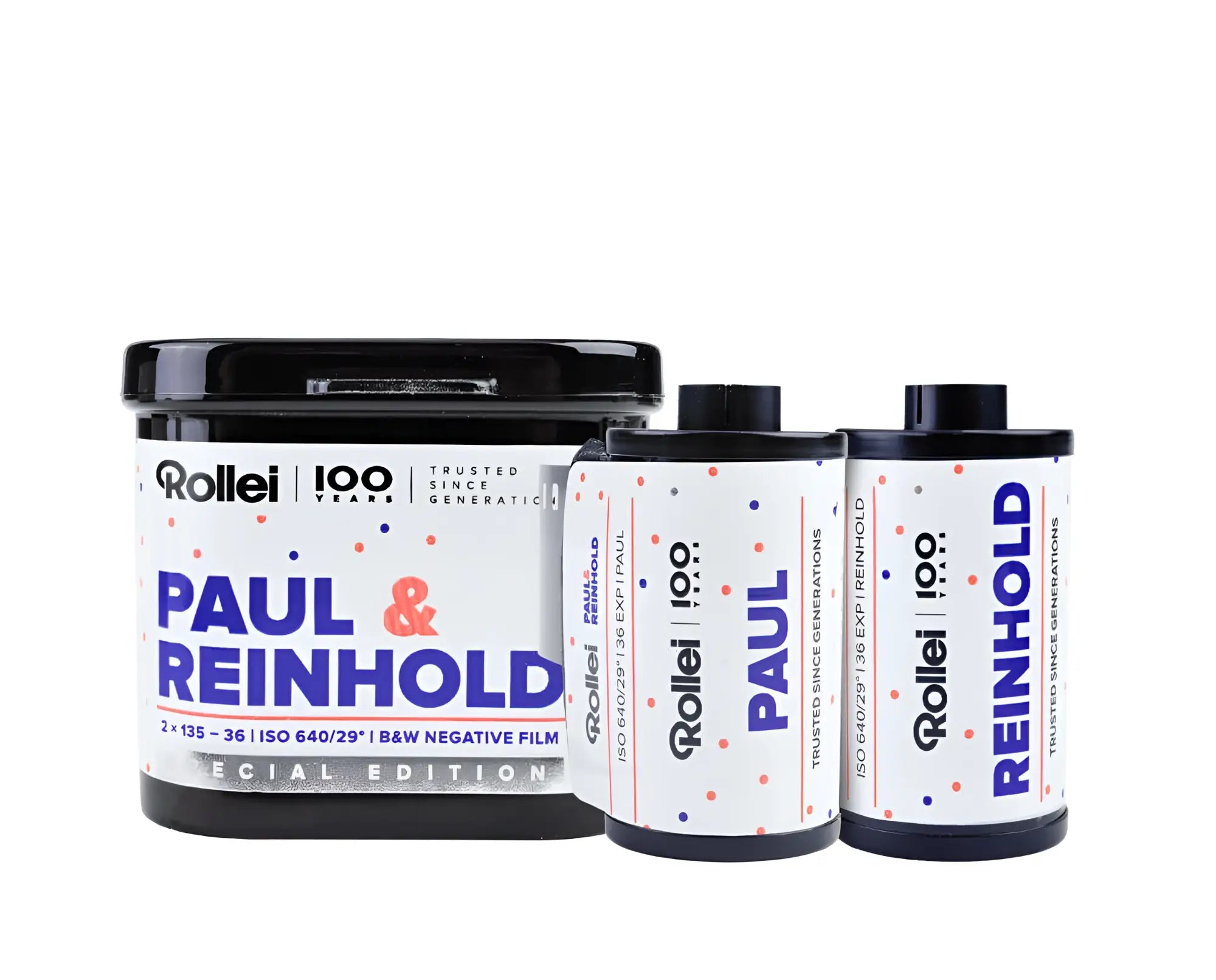 Black and white rollei paul & reinhold 100th anniversary film canisters with colorful dot patterns.