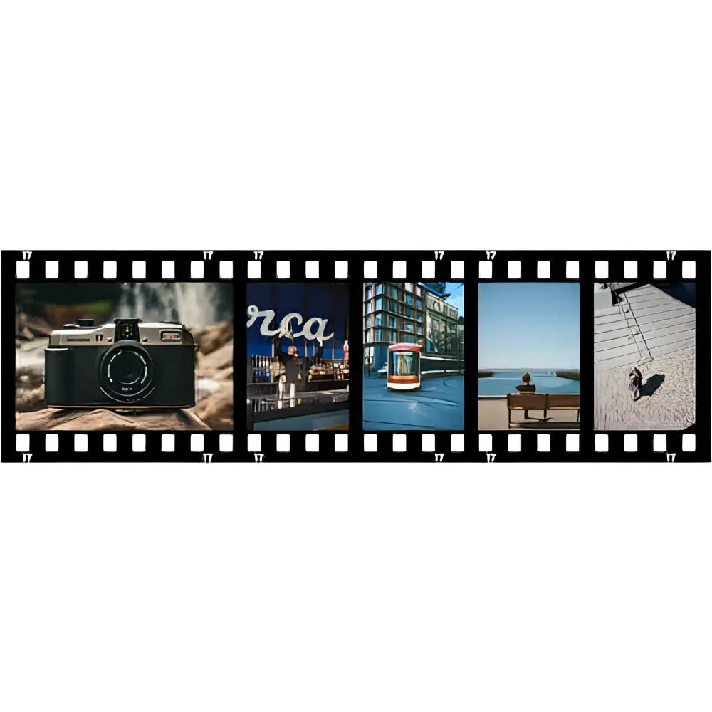 PENTAX 17 half-frame film camera with sample photos showcasing vibrant urban scenes.