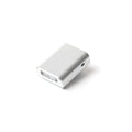 Silver rectangular portable phone charger with a usb port and an integrated led light on the front.