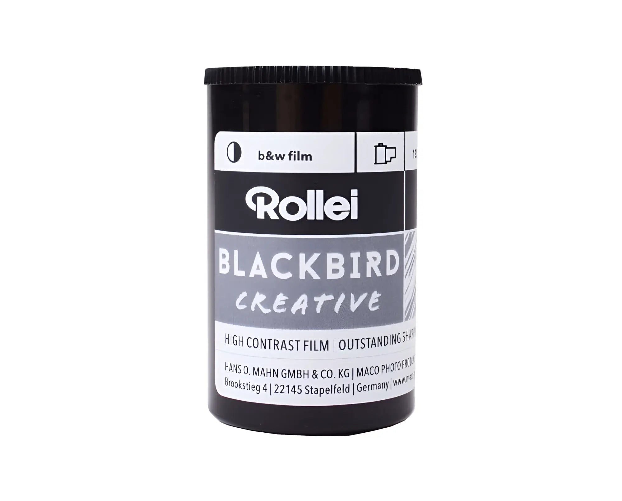 Black cylindrical canister of rollei blackbird creative high contrast black and white film.